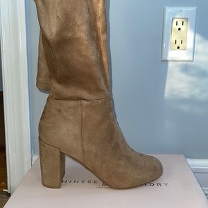 Chinese Laundry King Suedette Mink Camel lace up over the knee thigh high boots.